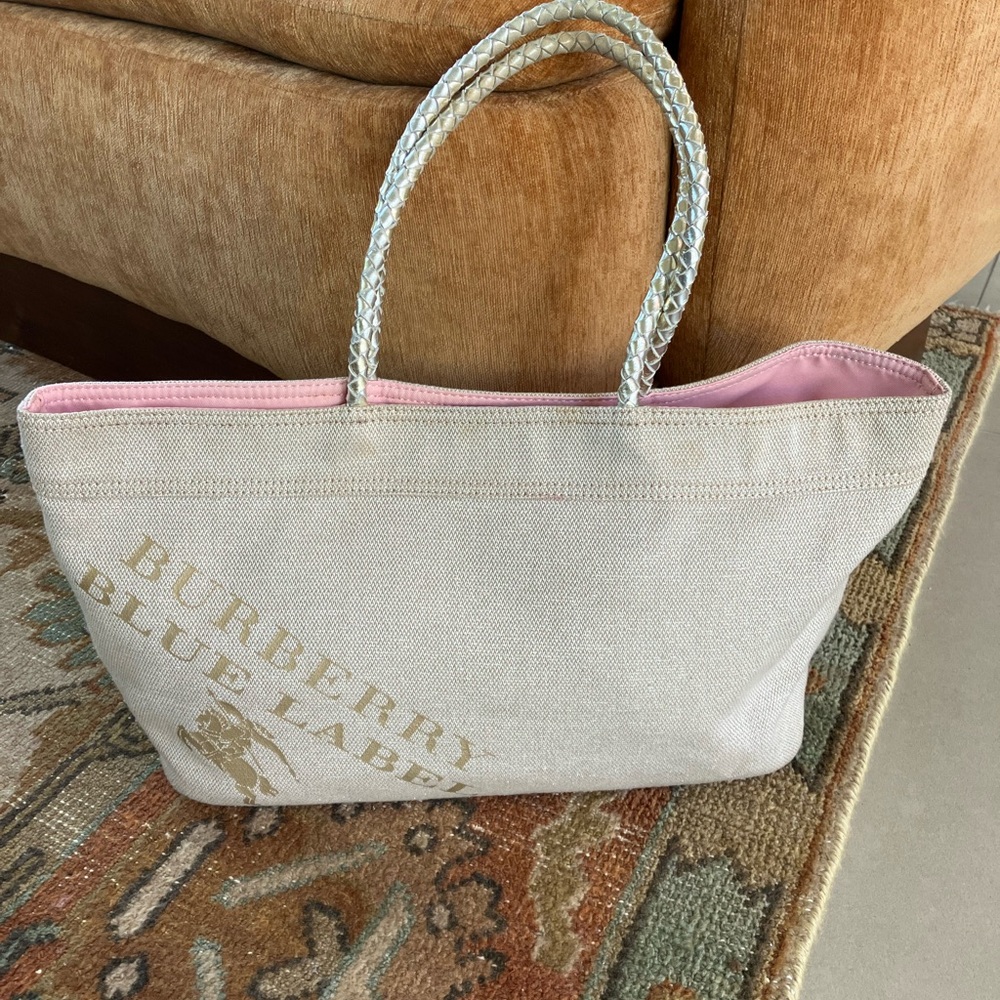 Burberry Blue Label Tote In Metallic Beige Light Weight Canvas
